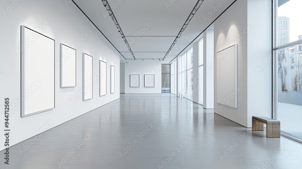 Empty Gallery Space with Windows and a Bench Empty Gallery Space with Windows and a Bench