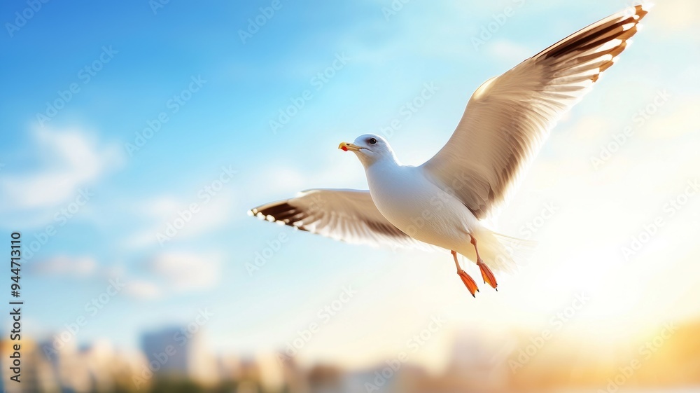A white seagull flying in the sky above a city A white seagull flying in the sky above a city