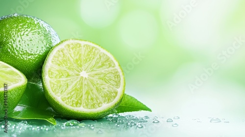 A lime is cut in half and placed on a green background photo