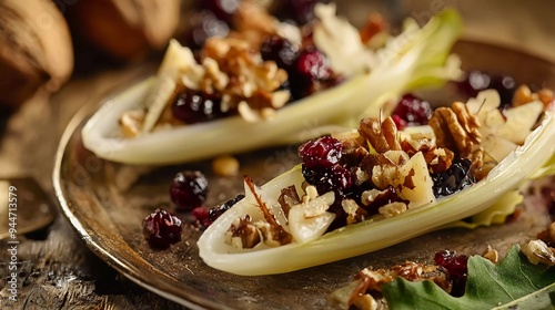 Delicious Belgian endive boats with huckleberries, nuts and cheese