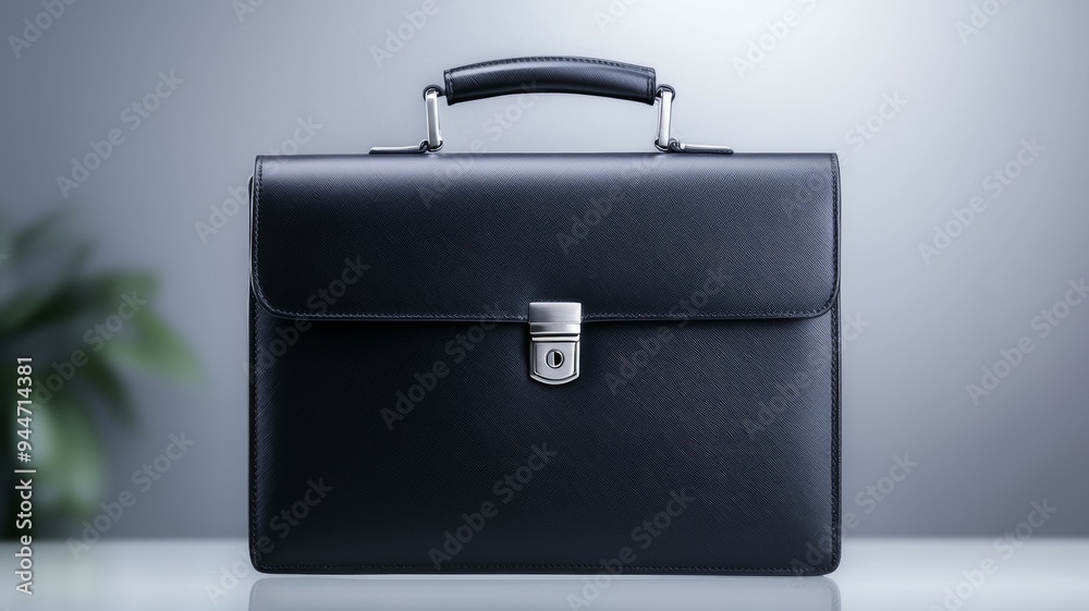 A black leather briefcase with a silver handle A black leather briefcase with a silver handle