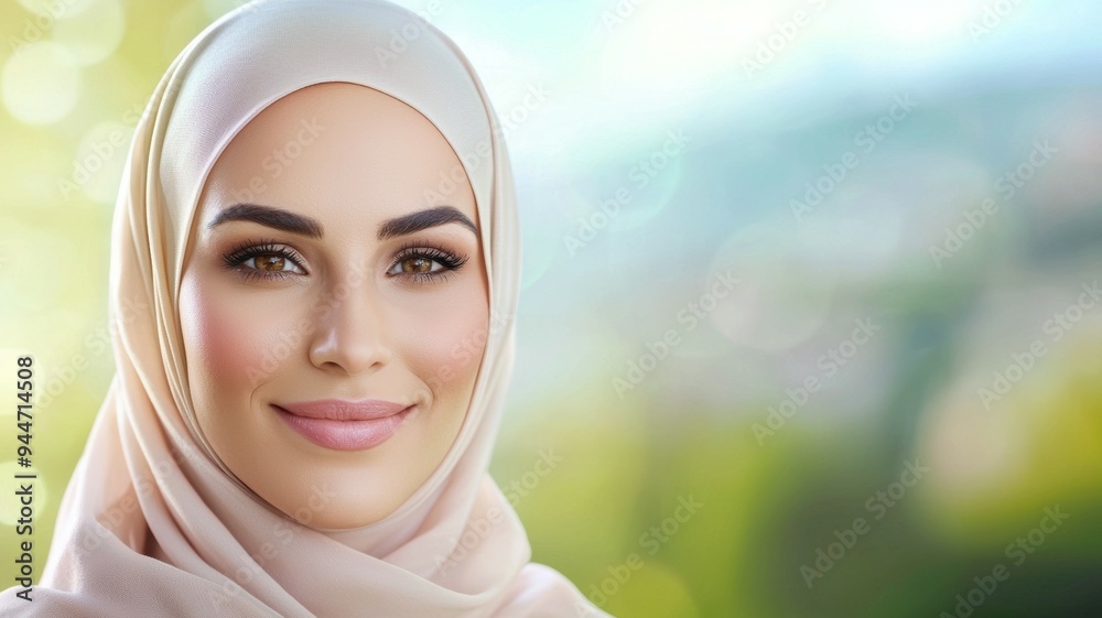 A woman wearing a white scarf with brown eyes and a smile A woman wearing a white scarf with brown eyes and a smile