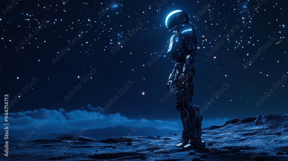 Futuristic Robot Standing on a Desolate Planet Under a Starry Night Sky Futuristic Robot Standing on a Desolate Planet Under a Starry Night Sky
