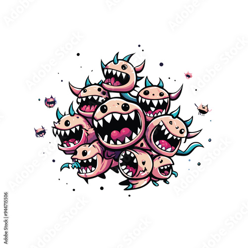 Vector illustration of a swarm of tiny mischievous cartoon monsters with big teeth and wide eyes.