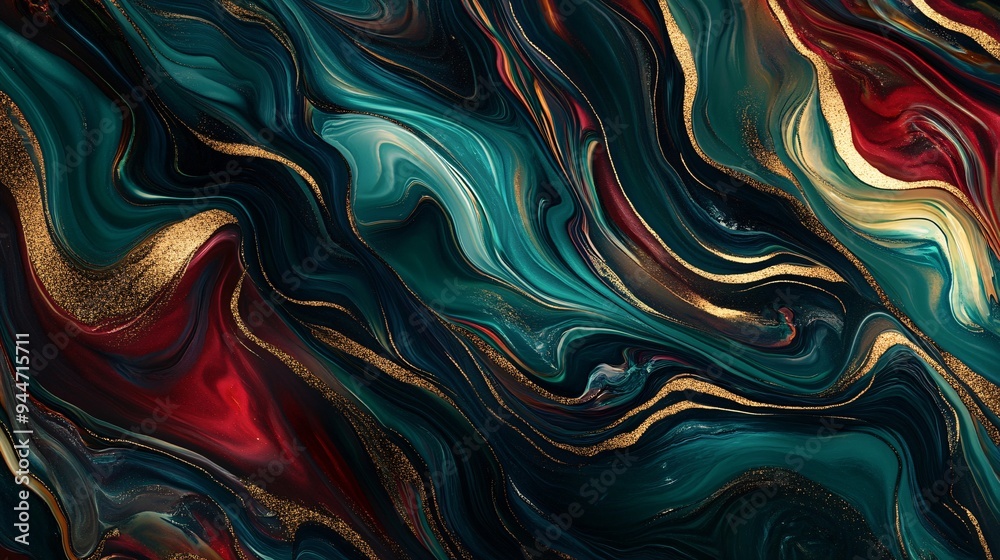 A marble-inspired 4k wallpaper with liquify effects, blending black, gold, red, and teal in swirling pattern
