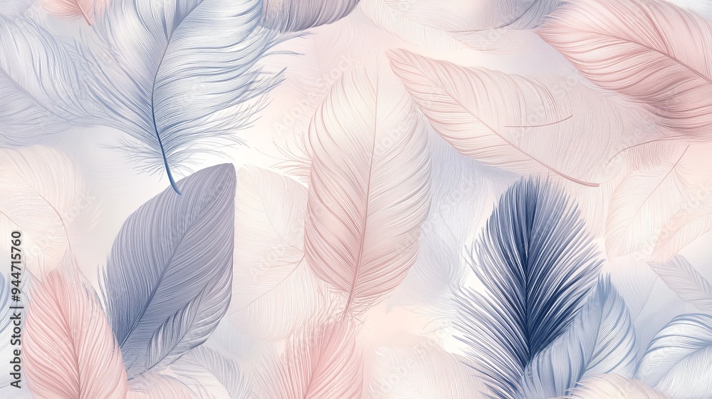 repeating pattern of stylized feathers in a variety of shapes and sizes.