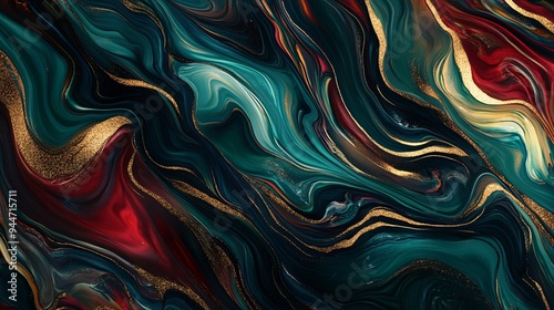 A marble-inspired 4k wallpaper with liquify effects, blending black, gold, red, and teal in swirling pattern