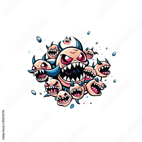 Vector illustration of a swarm of tiny mischievous cartoon demons with blue horns and sharp teeth.