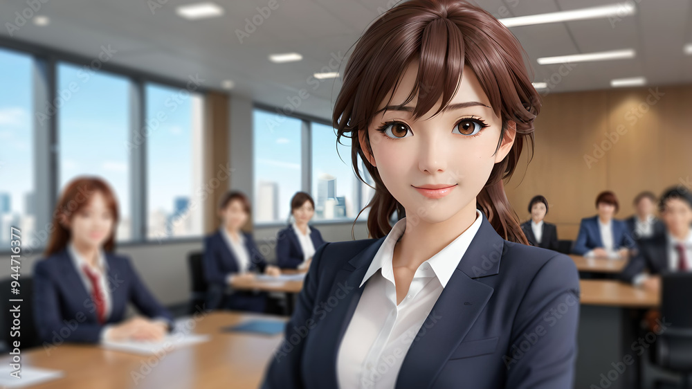 3D Anime Businesswoman in Suit with Smile in Office 3D Anime Businesswoman in Suit with Smile in Office