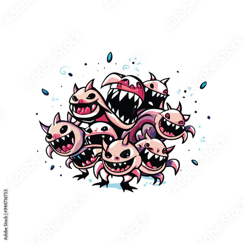 Vector illustration of a swarm of tiny mischievous creatures with sharp teeth and claws.