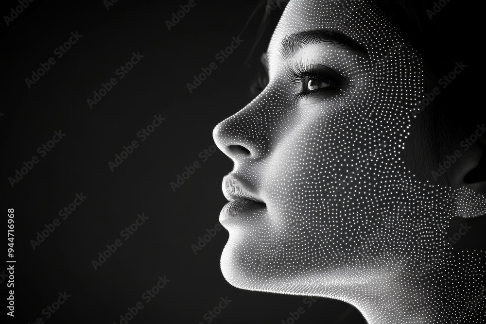 A monochrome profile of a woman with dotted patterns over her face conveying themes of introspection identity and the enigmatic aspects of human consciousness A monochrome profile of a woman with dotted patterns over her face conveying themes of introspection identity and the enigmatic aspects of human consciousness