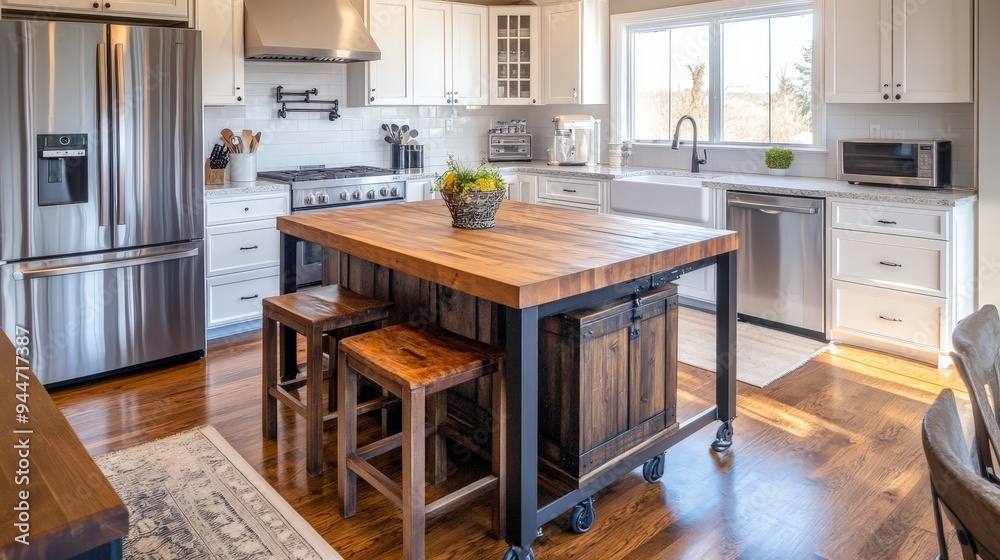 kitchen with a rolling island. kitchen with a rolling island.