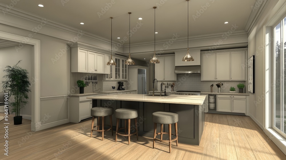 Fototapeta premium open-concept kitchen with an island that doubles as a dining space.