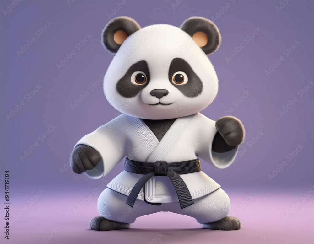 3D panda wearing a karate uniform with a black belt stands ready to fight, 3D Illustration 3D panda wearing a karate uniform with a black belt stands ready to fight, 3D Illustration