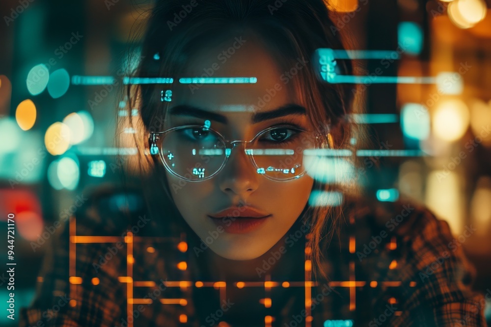 Ffuturistic digital portrait of woman wearing high tech glasses with holographic brain imagery symbolizing integration of human intellect with cutting edge technology future of cognitive enhancement Ffuturistic digital portrait of woman wearing high tech glasses with holographic brain imagery symbolizing integration of human intellect with cutting edge technology future of cognitive enhancement