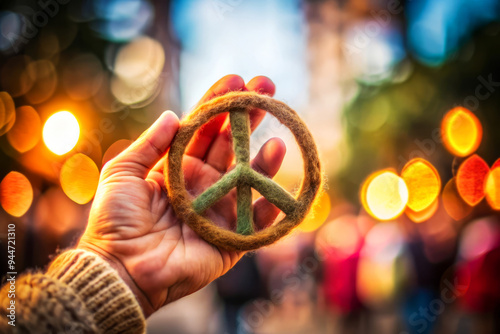 Peace Symbol In Hand, Bokeh Background, Hope And Love.