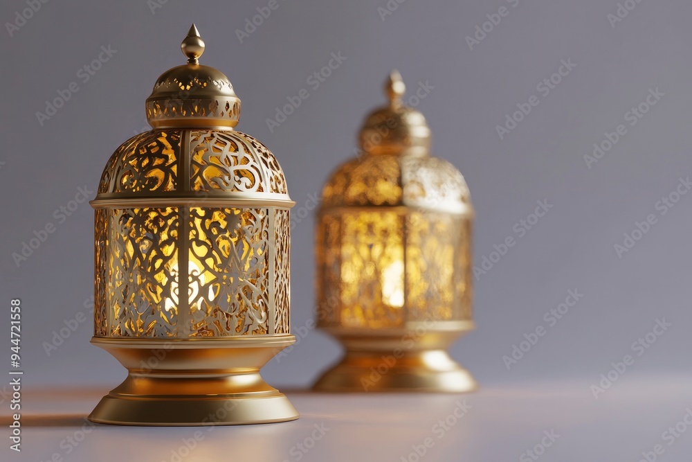 3d render of isolated Islamic background with islamic lanterns, and golden pedestal. Mockup for greeting cards for ramadan kareem, mawlid, iftar, isra miraj, with generative ai 3d render of isolated Islamic background with islamic lanterns, and golden pedestal. Mockup for greeting cards for ramadan kareem, mawlid, iftar, isra miraj, with generative ai