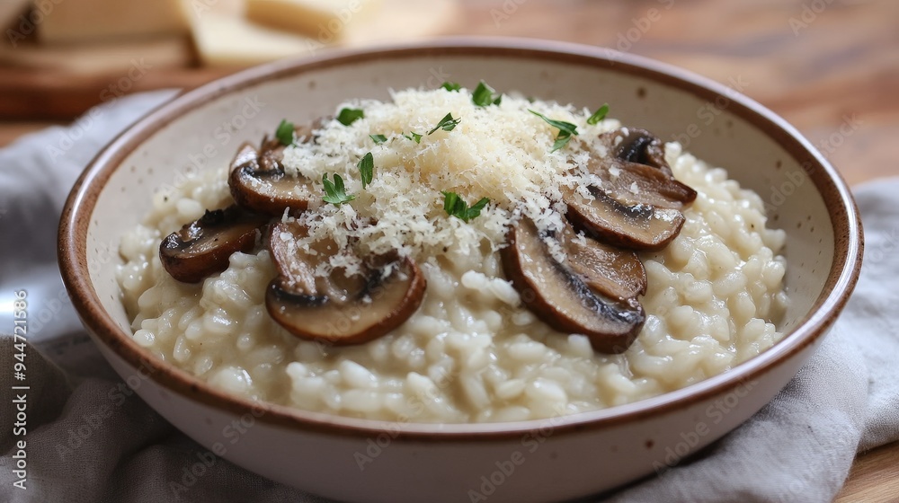 bowl of creamy risotto with tender mushrooms and Parmesan cheese. bowl of creamy risotto with tender mushrooms and Parmesan cheese.