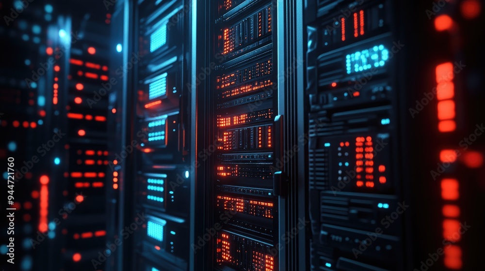 3D Render Server Racks in a Dark Room Featuring Data Technology Visual Effects Detailed Concept of Internet of Things Data Flow and Digitalization of Online Traffic Storage Equipment Visualization 3D Render Server Racks in a Dark Room Featuring Data Technology Visual Effects Detailed Concept of Internet of Things Data Flow and Digitalization of Online Traffic Storage Equipment Visualization