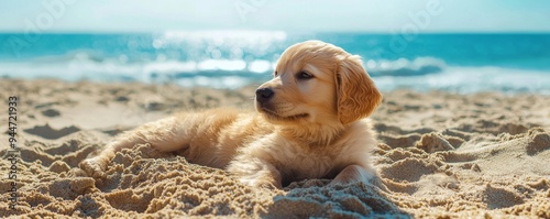 A golden retriever puppy relaxes on a sunny beach, enjoying the warm sand and gentle ocean breeze.