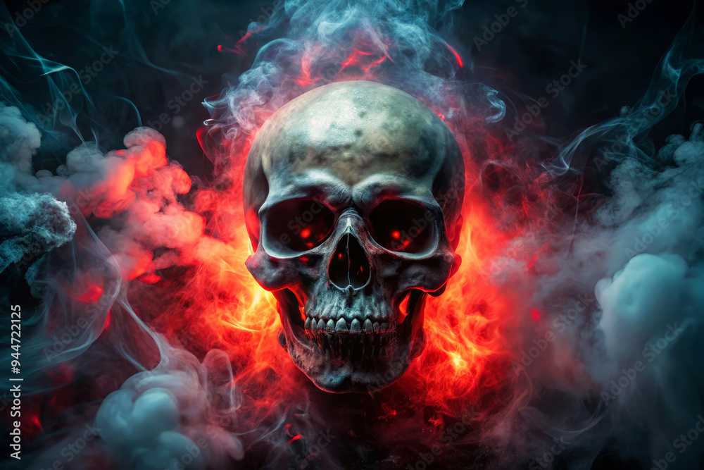 Fiery Skull In Smoke, Halloween Background, Dark Fantasy, Spectral Skull Fiery Skull In Smoke, Halloween Background, Dark Fantasy, Spectral Skull