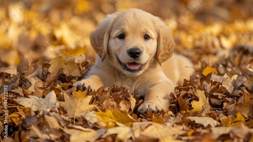 A playful golden retriever puppy lying in colorful autumn leaves, showcasing joy and innocence in a picturesque fall setting.