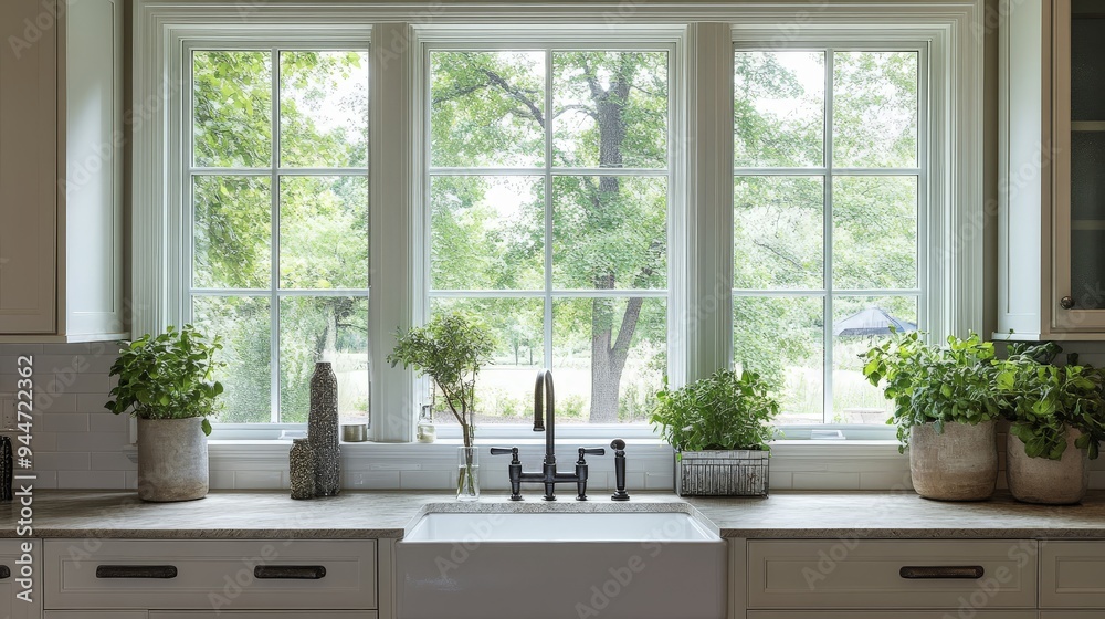 kitchen with a large window above the sink. kitchen with a large window above the sink.