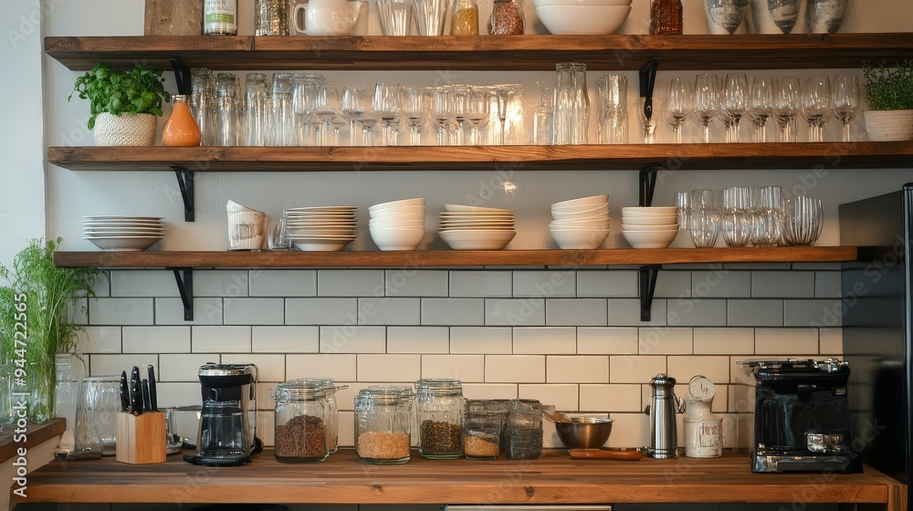kitchen with an open shelving design. kitchen with an open shelving design.