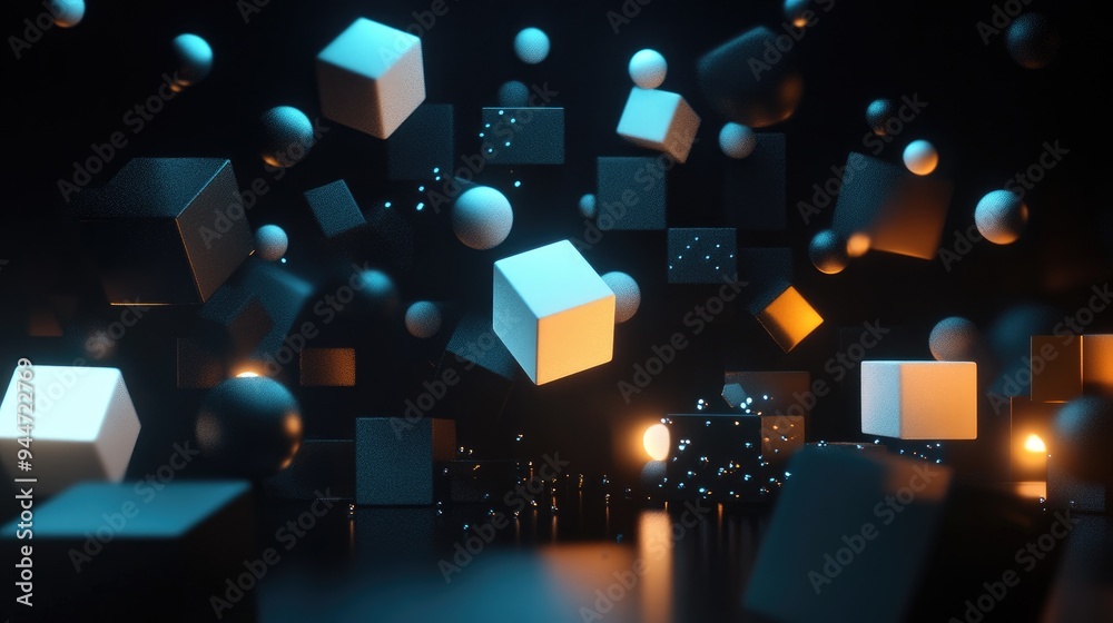 Abstract 3D render of geometric shapes on a dark backdrop Abstract 3D render of geometric shapes on a dark backdrop