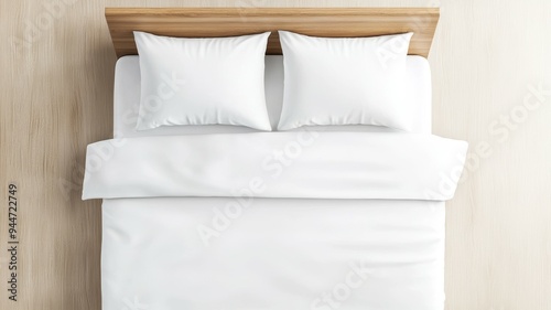 A bed with two white pillows and a white sheet photo