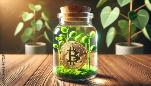 One Bitcoin with a small green plant in a glass jar on a wooden table, bitcoin investment illustration photo