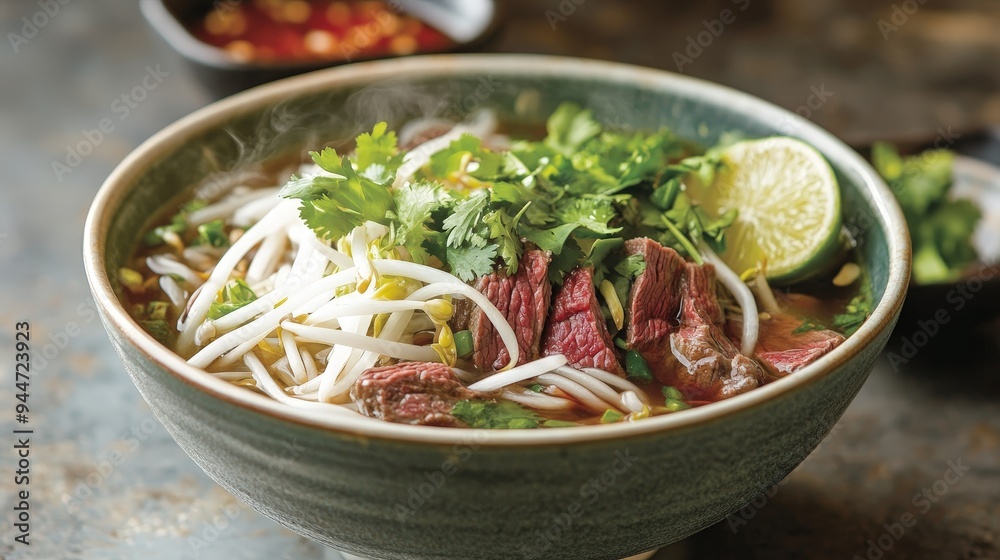steaming bowl of pho with aromatic broth. steaming bowl of pho with aromatic broth.