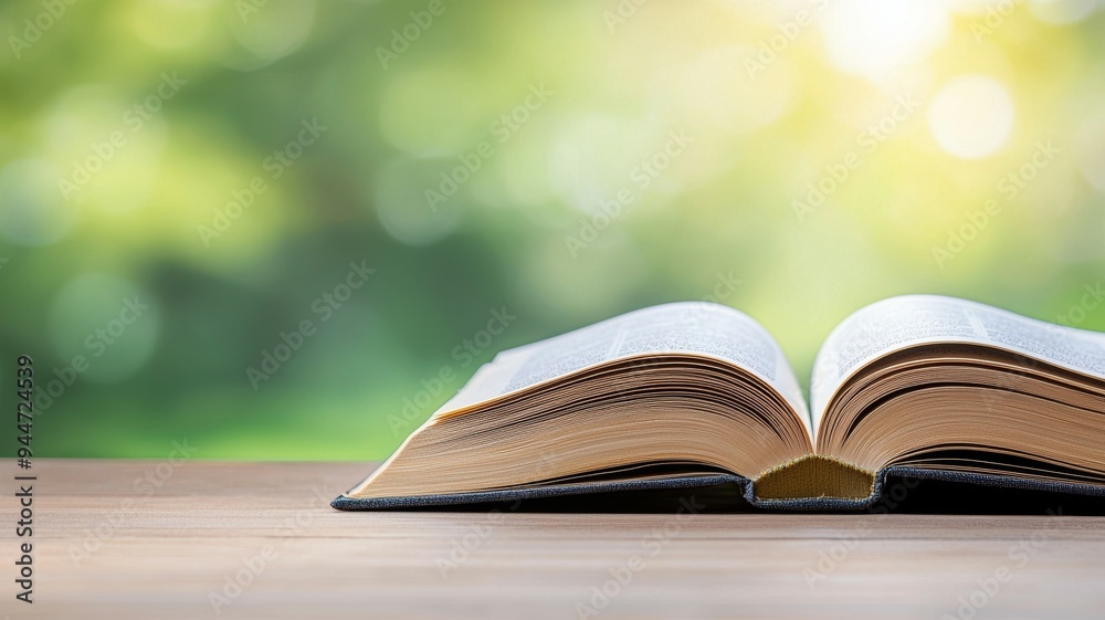 A book is open on a table with a green background A book is open on a table with a green background