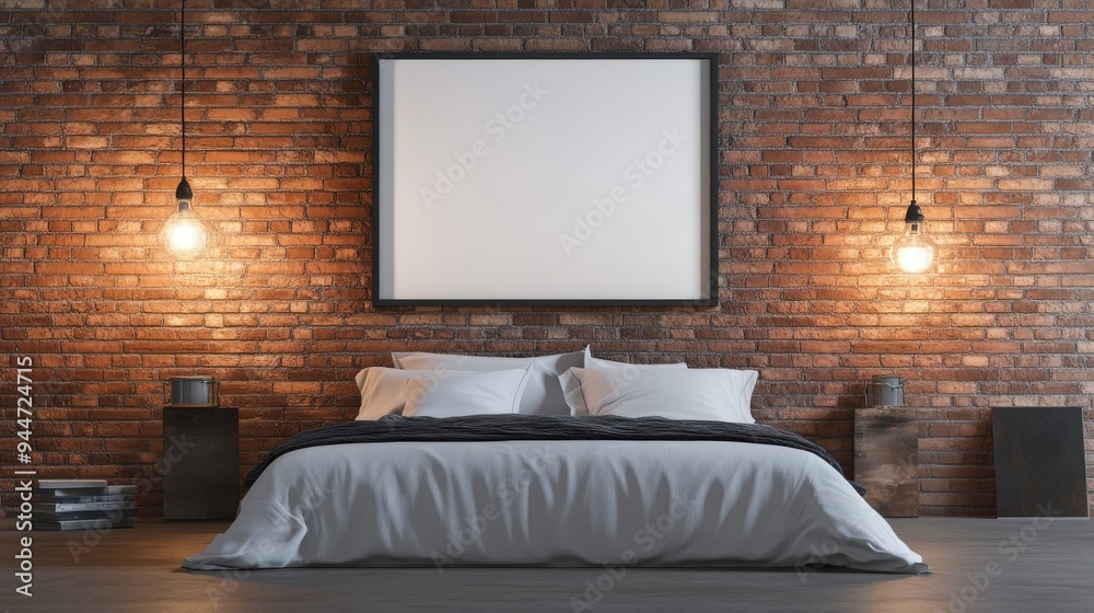 Industrial Chic Bedroom Mockup: A cozy and stylish bedroom with a brick wall, a large square frame, pendant lights, and a bed with white linen. Perfect for showcasing your artwork, designs, or brand. Industrial Chic Bedroom Mockup: A cozy and stylish bedroom with a brick wall, a large square frame, pendant lights, and a bed with white linen. Perfect for showcasing your artwork, designs, or brand.