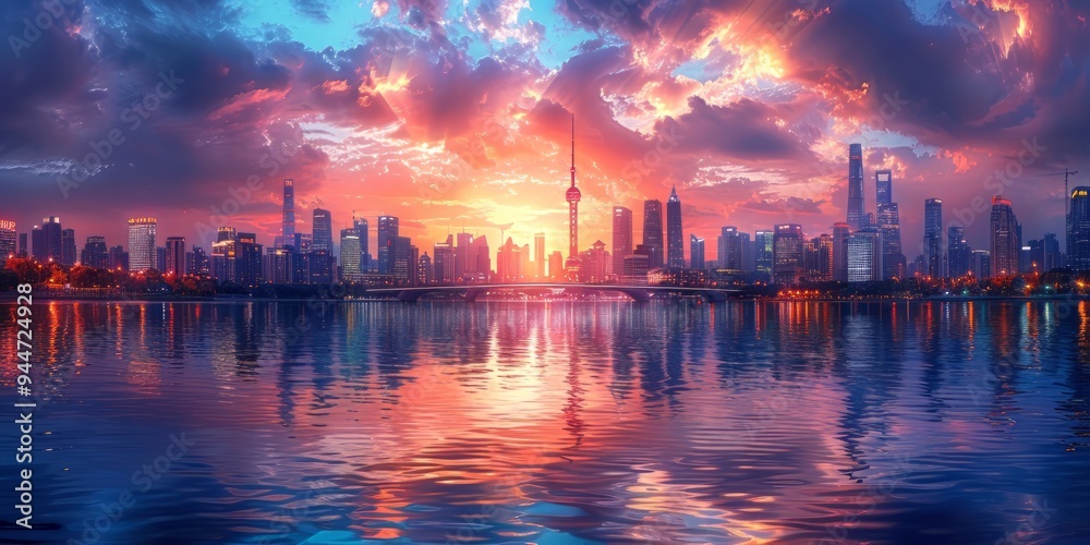 Fototapeta premium Cityscape at Sunset with a Dramatic Sky