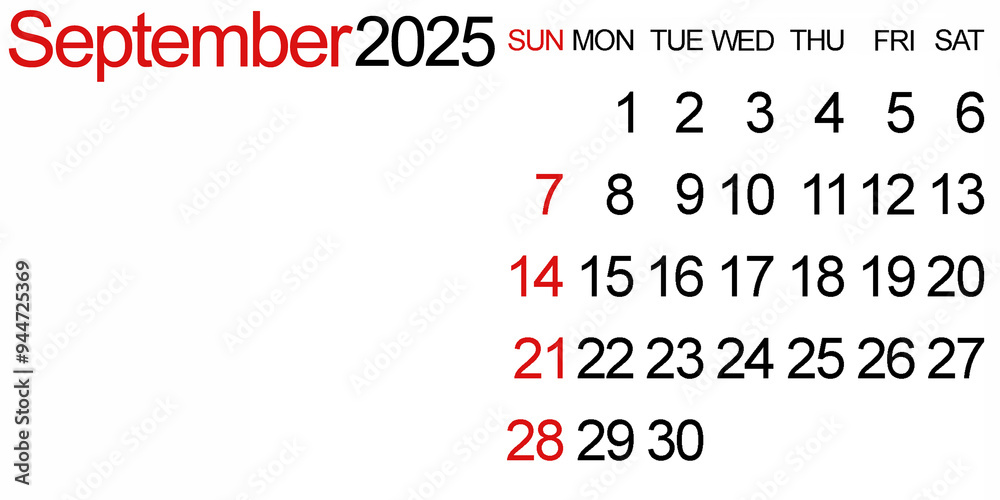 Obraz premium September 2025, a basic horizontal calendar with blank space for text or image.
