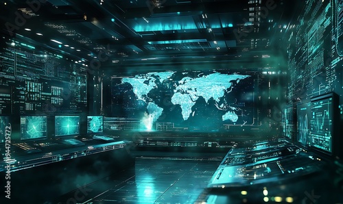 Futuristic Control Room with Holographic Displays of Global Networks, Highlighting Advanced Technology