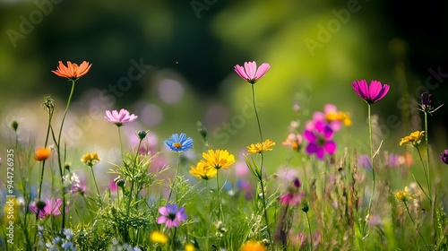 A Field of Colorful Wildflowers with Blurred Green Background