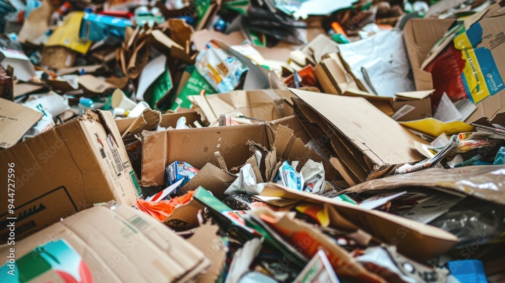 Substantial pile of recyclable materials, including paper, cardboard, and metal, emphasizing eco-friendly living. Substantial pile of recyclable materials, including paper, cardboard, and metal, emphasizing eco-friendly living.