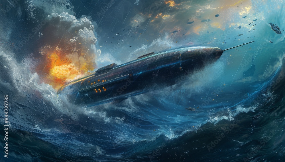Fototapeta premium Underwater scene where a satellite is launched stealthily like a torpedo 🌊🚀. Captures dynamic motion and futuristic innovation beneath the waves.