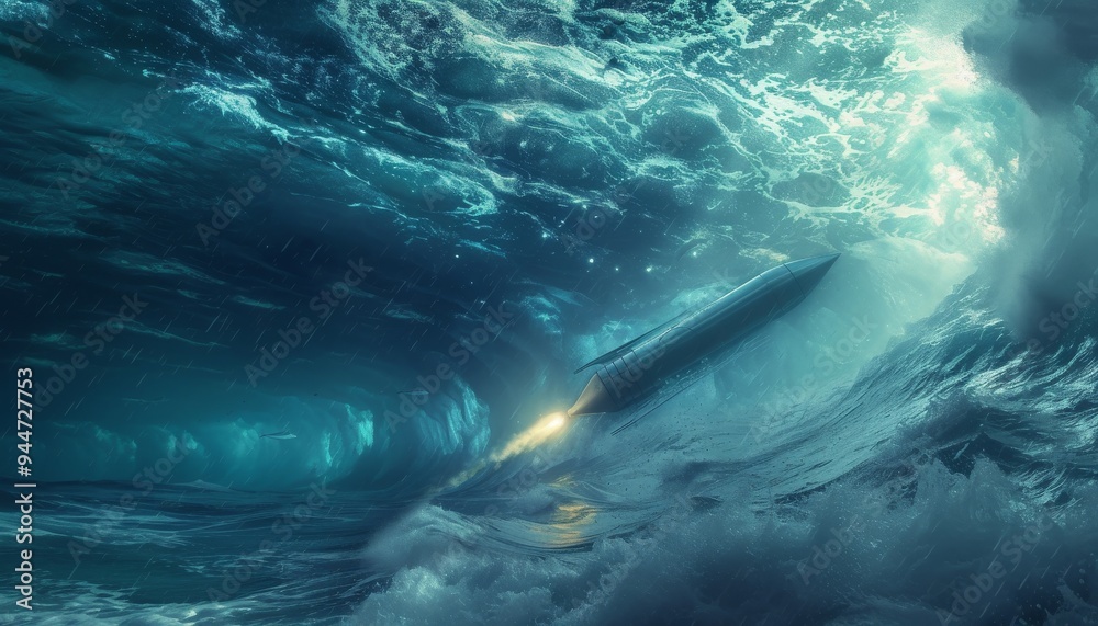 Fototapeta premium Underwater scene featuring a satellite stealthily launched like a torpedo 🌊🚀. Dynamic, futuristic launch captured with detailed underwater effects.