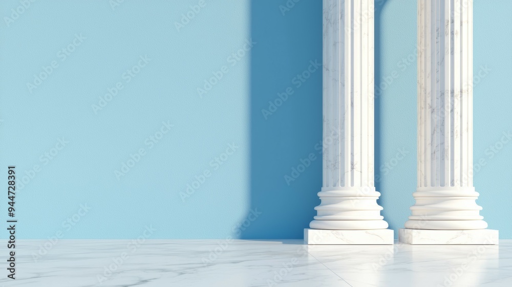 Two white pillars standing next to each other in front of a blue wall Two white pillars standing next to each other in front of a blue wall