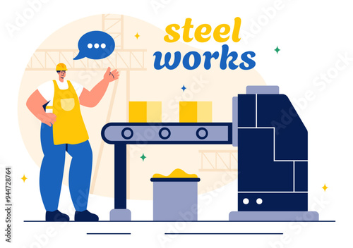 Steelworks Vector Illustration with Resource Mining, Smelting of Metal in Big Foundry and Hot Steel Pouring in a Flat Cartoon Background Design