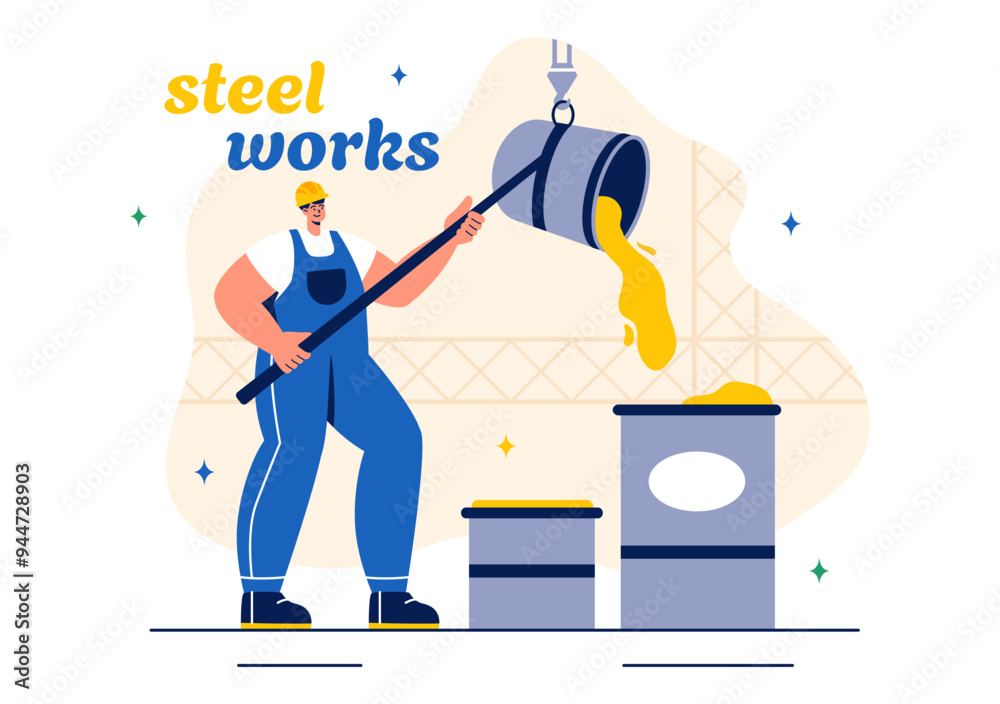 Steelworks Vector Illustration with Resource Mining, Smelting of Metal in Big Foundry and Hot Steel Pouring in a Flat Cartoon Background Design Steelworks Vector Illustration with Resource Mining, Smelting of Metal in Big Foundry and Hot Steel Pouring in a Flat Cartoon Background Design