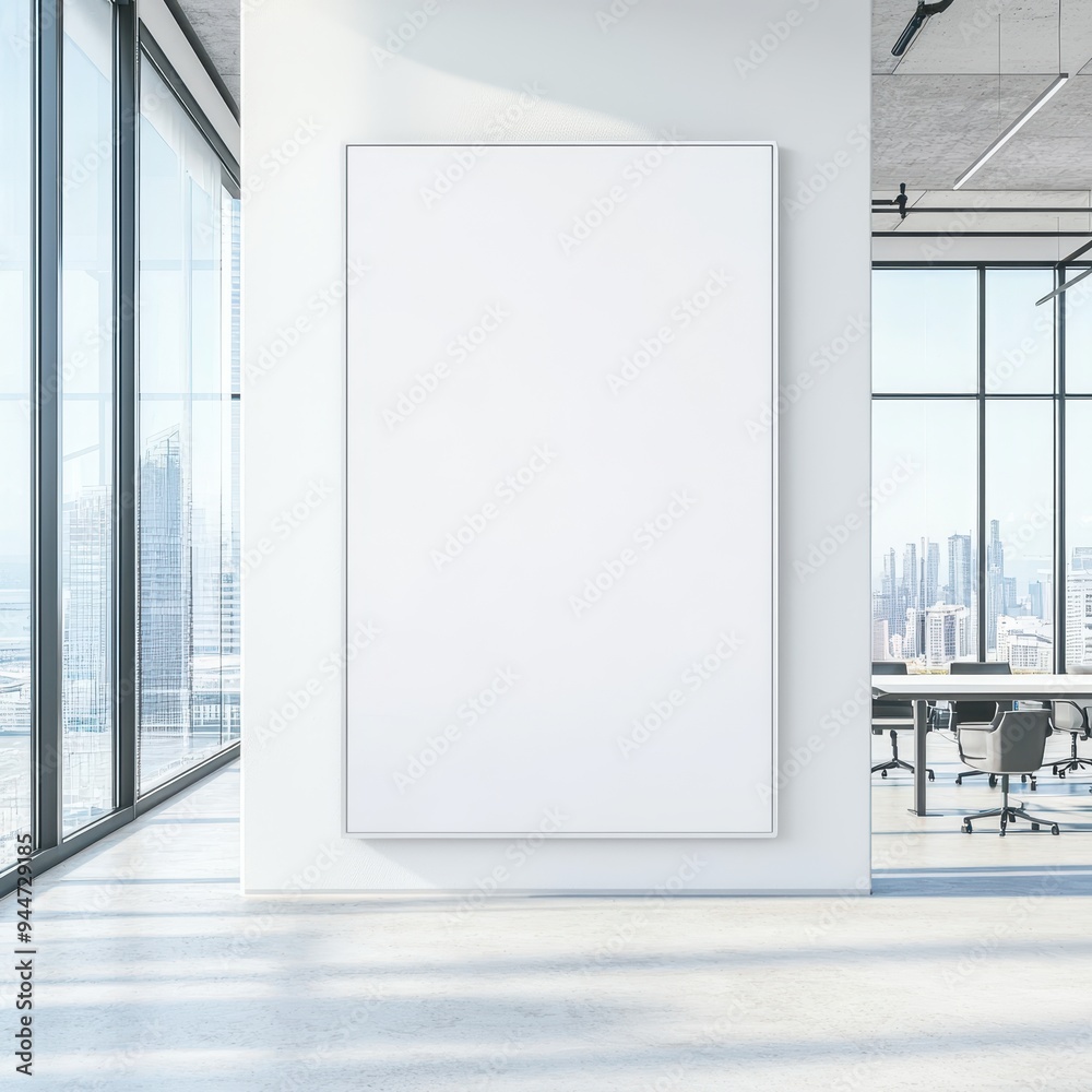 Modern Office Interior with Large Blank Canvas Wall and City View Modern Office Interior with Large Blank Canvas Wall and City View