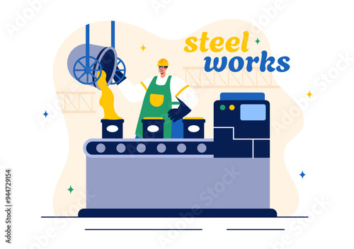 Steelworks Vector Illustration with Resource Mining, Smelting of Metal in Big Foundry and Hot Steel Pouring in a Flat Cartoon Background Design