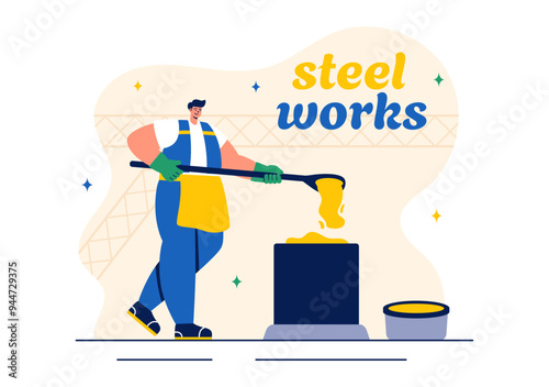 Steelworks Vector Illustration with Resource Mining, Smelting of Metal in Big Foundry and Hot Steel Pouring in a Flat Cartoon Background Design