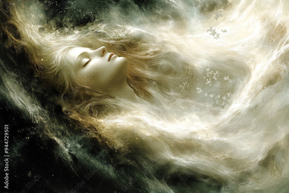 Obraz premium A surreal and ethereal portrait of a woman floating in a sea of clouds symbolizing the dreamlike state of thought and the fluidity of imagination