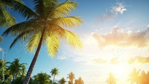 A palm tree is in the foreground of a beautiful blue sky