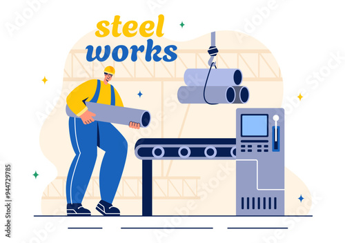 Steelworks Vector Illustration with Resource Mining, Smelting of Metal in Big Foundry and Hot Steel Pouring in a Flat Cartoon Background Design